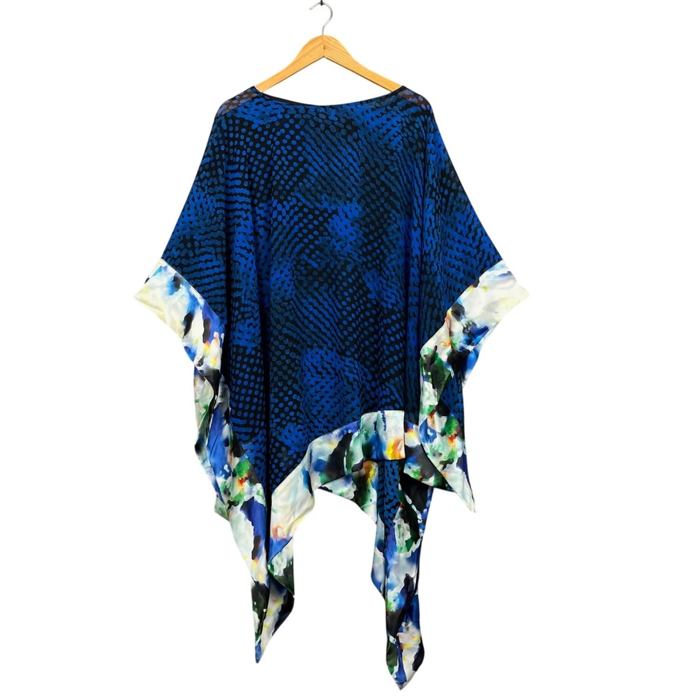 Abi Ferrin Poncho Blouse Womens XS Blue Artsy Silk Trim Kaftan Made in USA Lagom